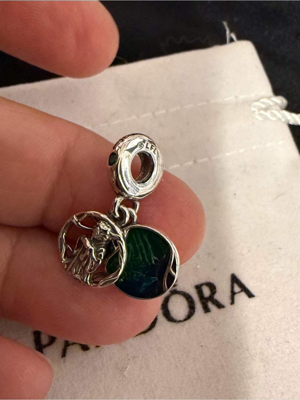 Pandora Silver Angel Double Drop Charm with Green Enamel